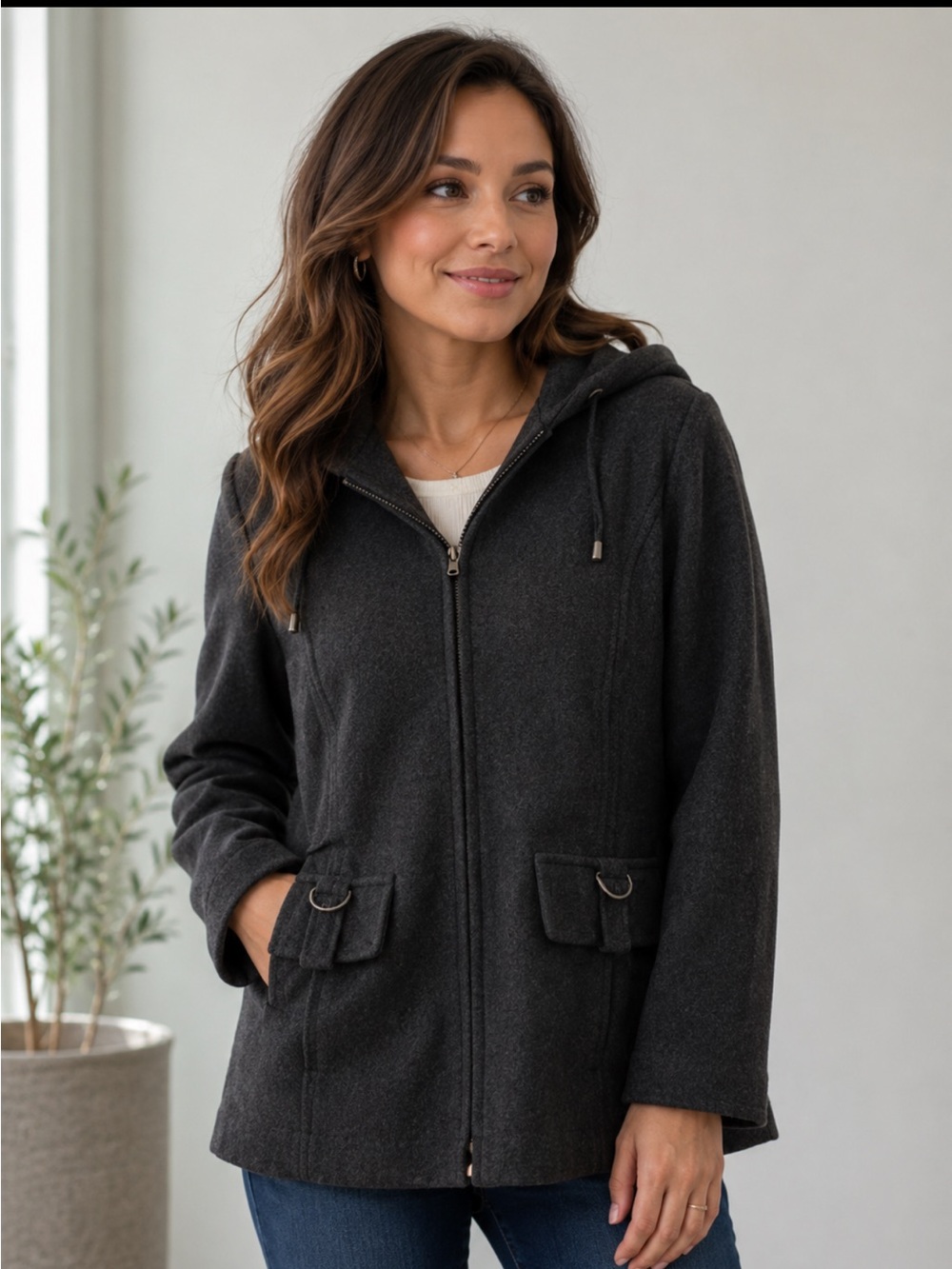 Fleet Street Wool Charcoal Hooded Zip Coat Jacket Women’s Plaid Lined Hood